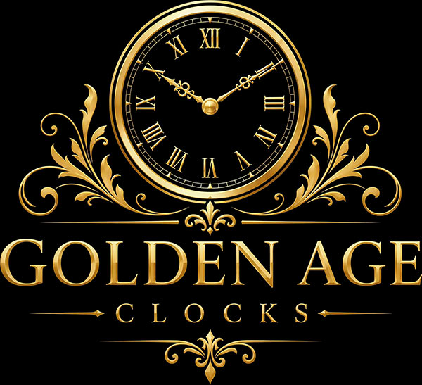 Golden Age Clocks Logo - Metallic gold serif type with ornate clock face illustration above